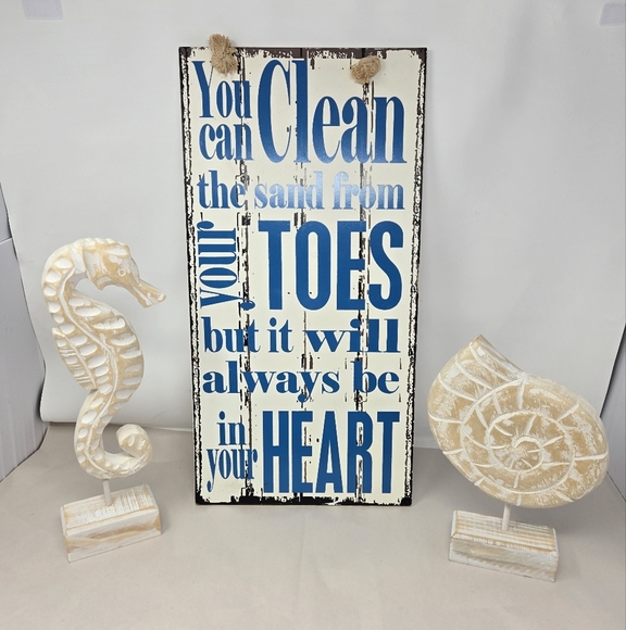 Beach Trio Faux Wood Distressed Sea Shell Sea Horse Ocean Saying White & Blue - Picture 2 of 13